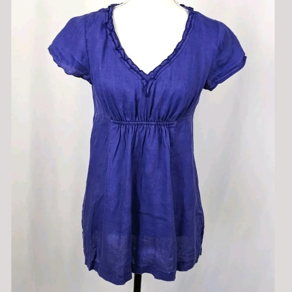 Boden Linen Ruffled V Neck Babydoll Peasant Top